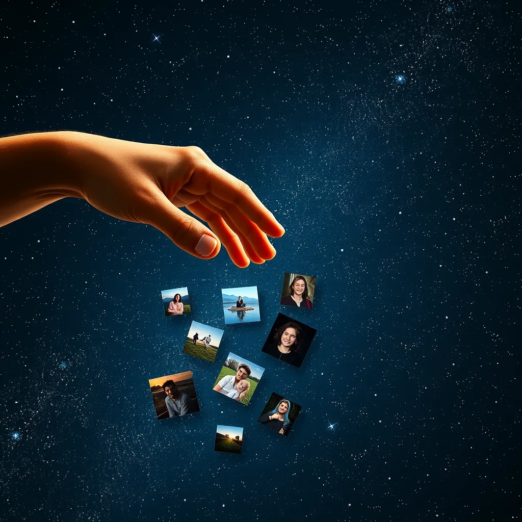 Hands reaching across starfield